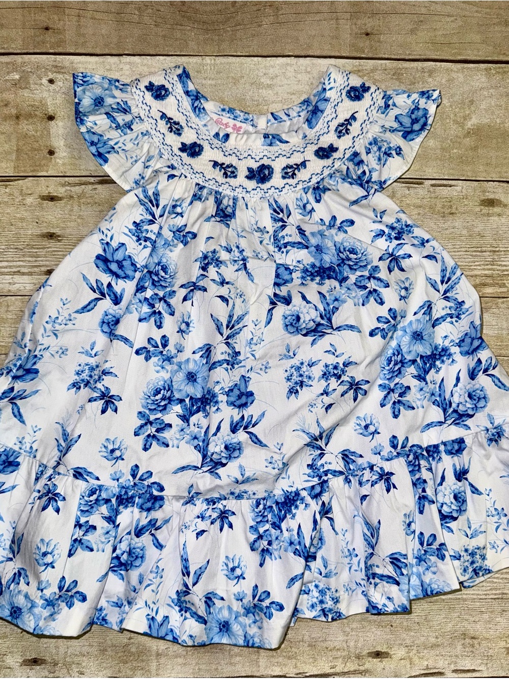 Bonnie Baby White Dress with Blue Floral Smocking